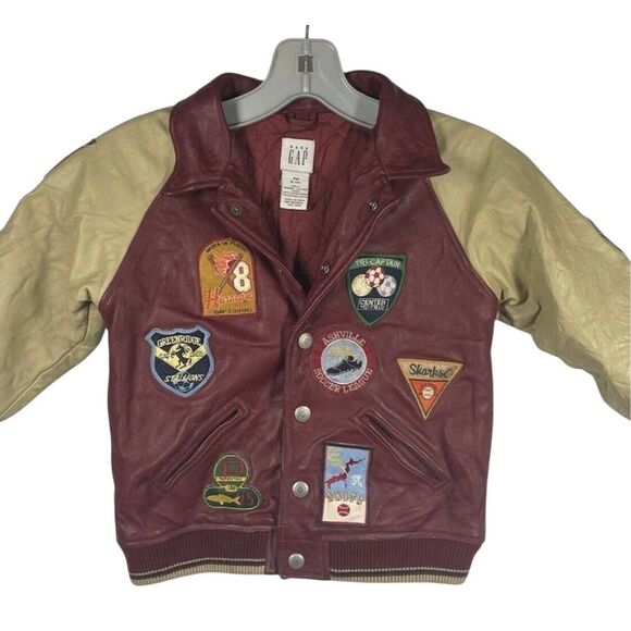 Vintage BABY GAP Red Leather Jacket w/ Sports Patches Varsity 4XL 4T Very Rare - Picture 2 of 7